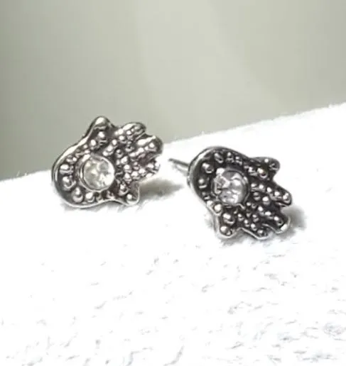 polly E1558 Silver Buddhist Hand Rhinestone Earrings Earrings