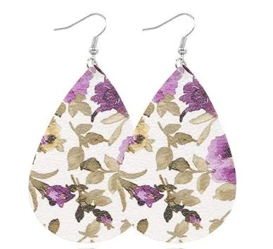 polly Earrings E1224 Floral Pattern Leather Teardrop Earrings