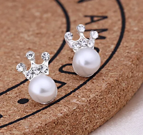polly Earrings E13 Silver Rhinestone Crown Pearl Earrings