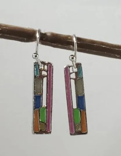 polly Earrings E753 Silver Colorful Rectangle Baked Enamel Earrings