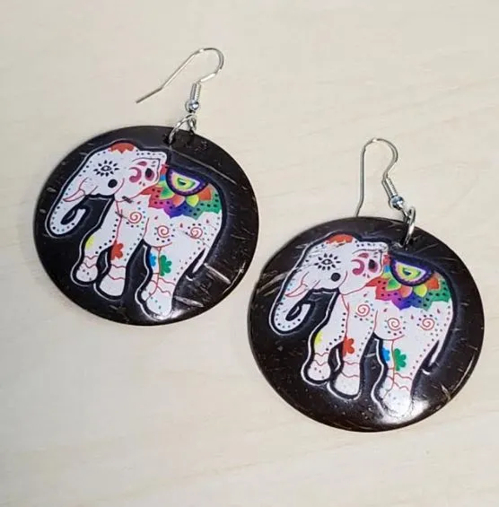 POLLY Earrings E962 Colorful Elephant Coconut Shell Wooden Earrings