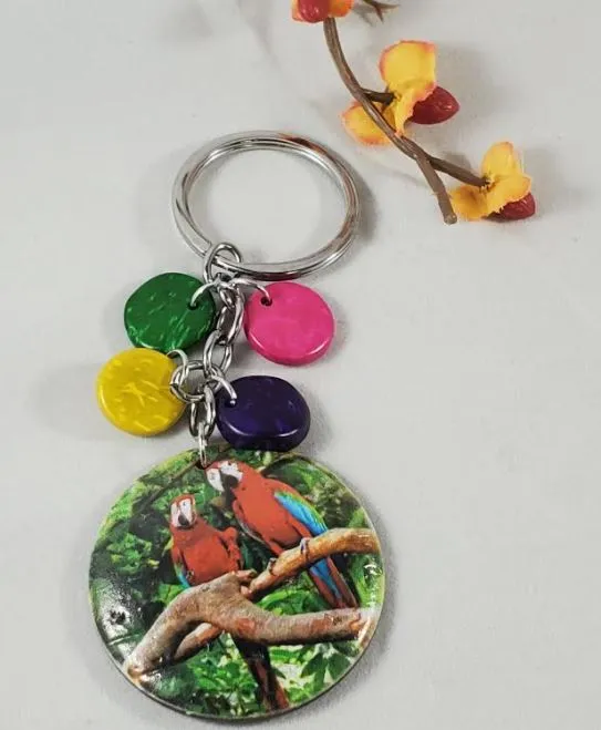 polly Earrings K04 Parrot Coconut Shell Colorful Wooden Disk Keychain