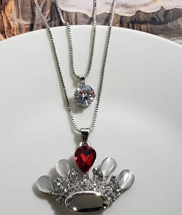 polly Necklaces AZ30 Silver Red Gemstone Moonstone Crown Necklace with FREE Earrings