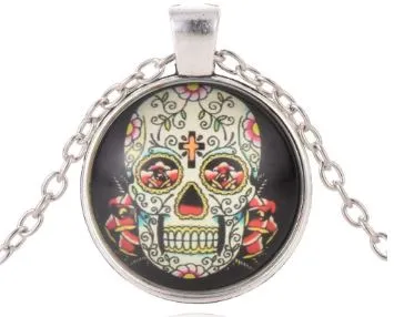 POLLY Necklaces N1216 Silver Vine Head Sugar Skull Necklace with FREE Earrings