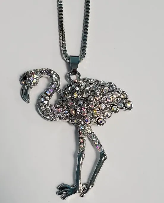 polly Necklaces N604 Silver Iridescent Rhinestone Flamingo Necklace with FREE Earrings polly Necklaces N604 Silver Iridescent Rhinestone Flamingo Necklace with FREE Earrings
