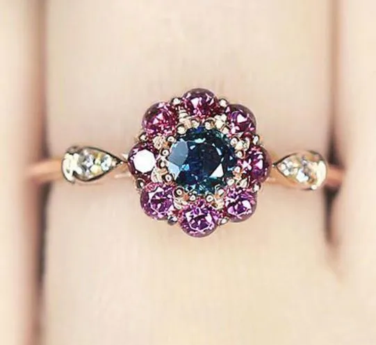 polly Rings R520 Gold Purple Blue Rhinestone Flower Ring