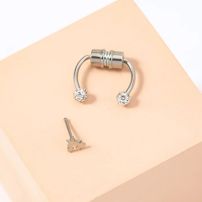 Rings 01 P01 Silver Crystal Rhinestone MAGNETIC Nose Septum Ring Plus Star Nose Stud
