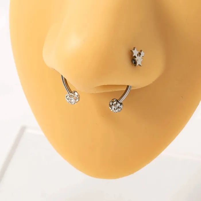 Rings 01 P01 Silver Crystal Rhinestone MAGNETIC Nose Septum Ring Plus Star Nose Stud
