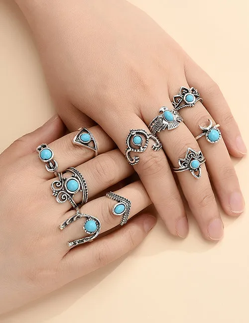 Rings 02 RS39 Silver Color Blue Gem 10 Piece Ring Set