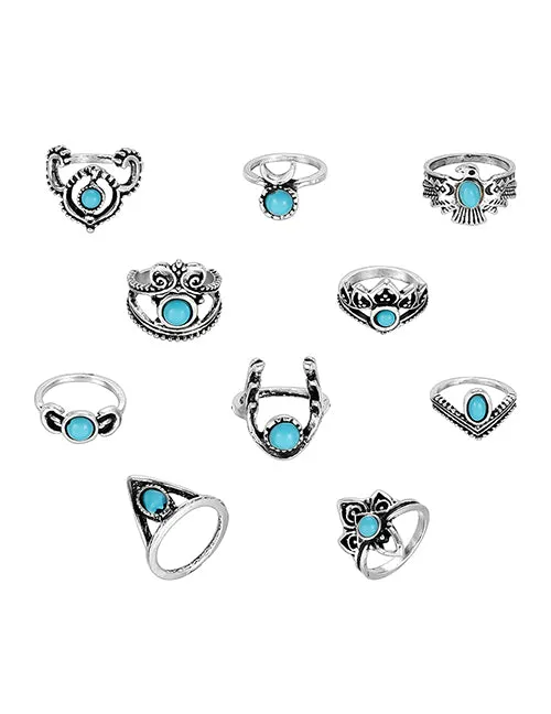 Rings 02 RS39 Silver Color Blue Gem 10 Piece Ring Set