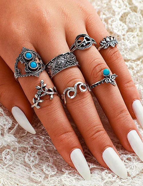 Rings 02 RS70 Silver Color 7 Piece Ring Set