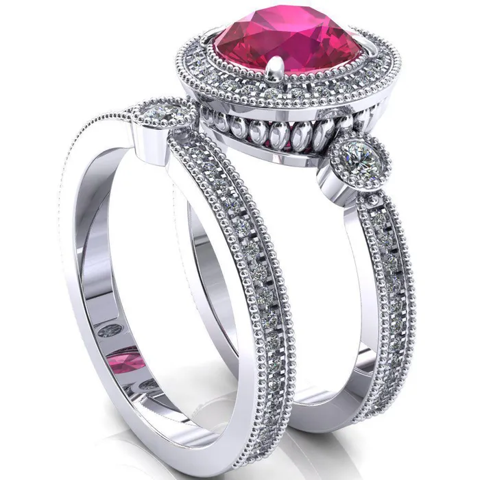 Rings Brachium Round Ruby Milgrain Halo 34 Eternity Accent Diamond Ring Fire Brilliance 