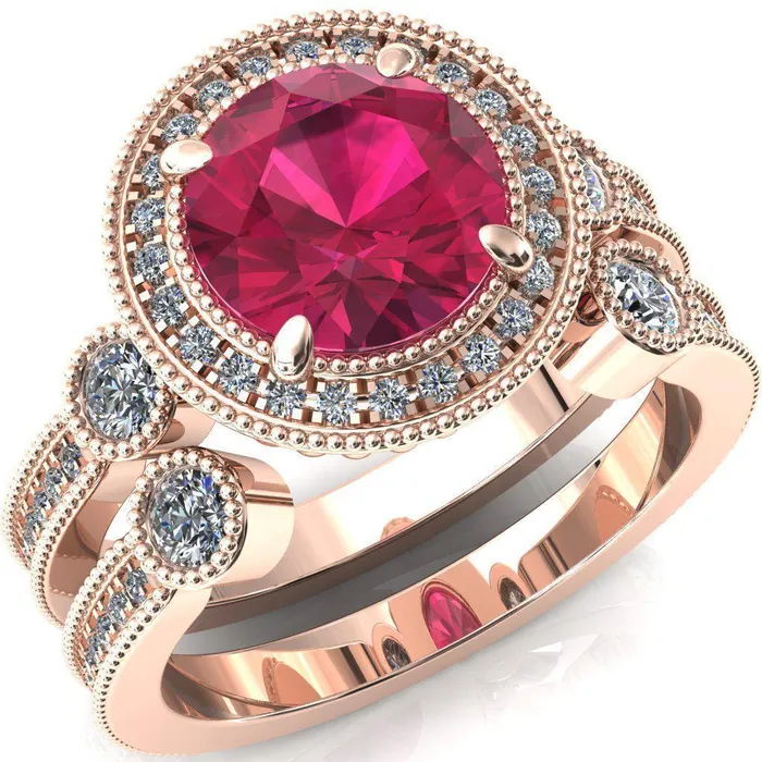 Rings Brachium Round Ruby Milgrain Halo 34 Eternity Accent Diamond Ring Fire Brilliance 