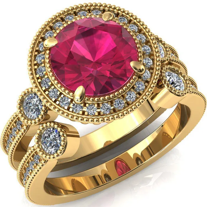 Rings Brachium Round Ruby Milgrain Halo 34 Eternity Accent Diamond Ring Fire Brilliance 