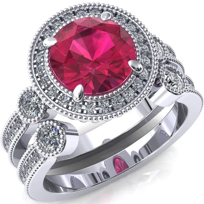 Rings Brachium Round Ruby Milgrain Halo 34 Eternity Accent Diamond Ring Fire Brilliance 