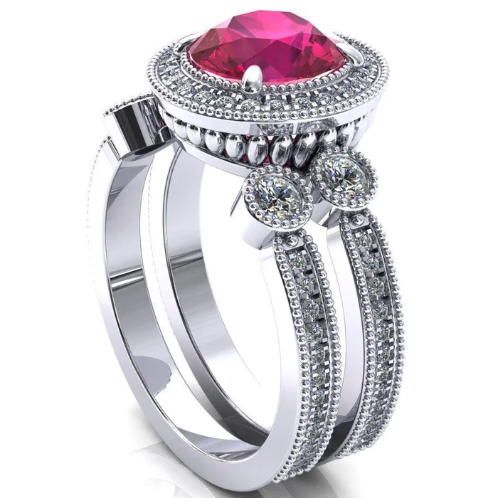 Rings Brachium Round Ruby Milgrain Halo 34 Eternity Accent Diamond Ring Fire Brilliance 