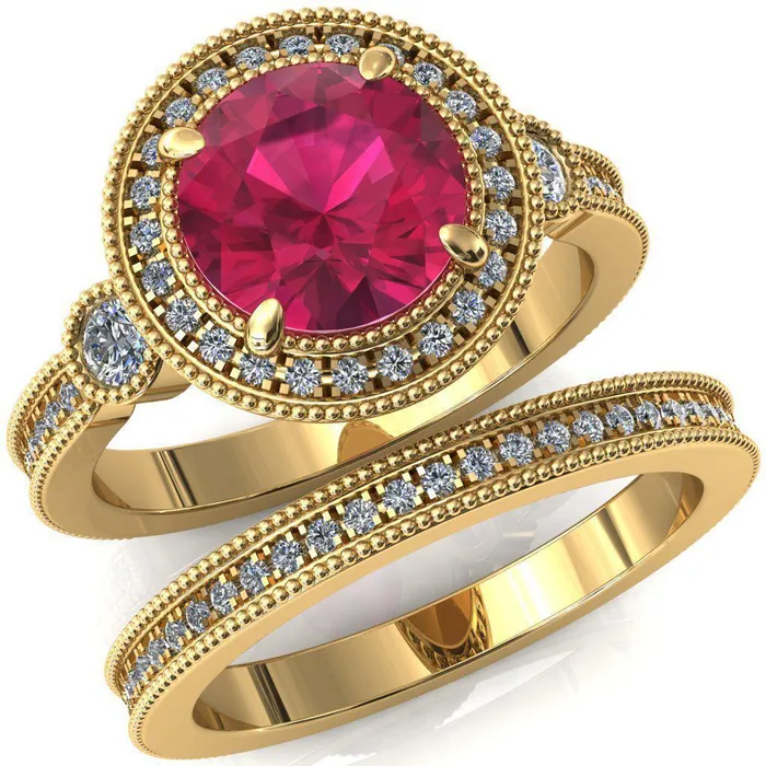Rings Brachium Round Ruby Milgrain Halo 34 Eternity Accent Diamond Ring Fire Brilliance 