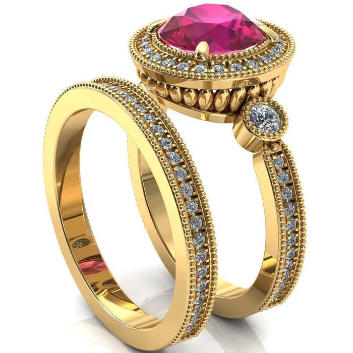 Rings Brachium Round Ruby Milgrain Halo 34 Eternity Accent Diamond Ring Fire Brilliance 