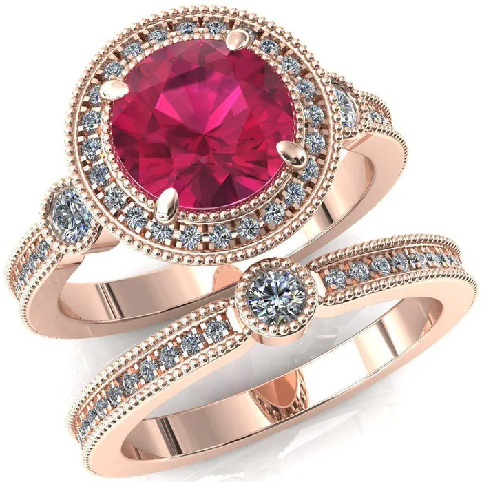 Rings Brachium Round Ruby Milgrain Halo 34 Eternity Accent Diamond Ring Fire Brilliance 