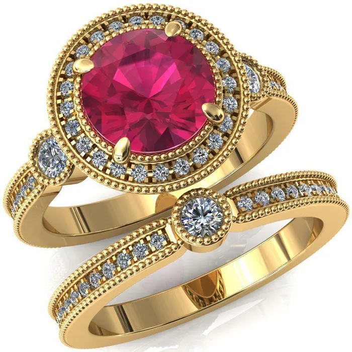 Rings Brachium Round Ruby Milgrain Halo 34 Eternity Accent Diamond Ring Fire Brilliance 