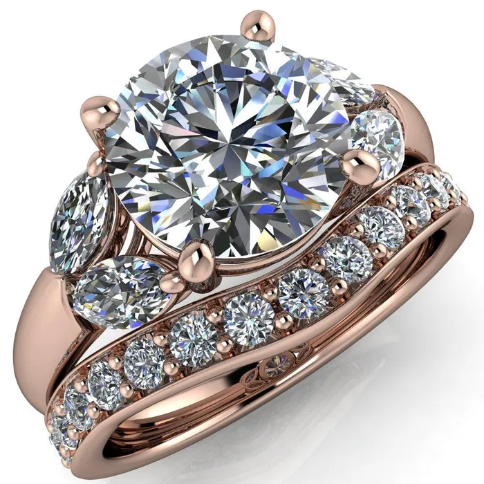 Rings Fire Brilliance Adrenne Round LabGrown Diamond Center Stone 4 Prong Double Marquise Side Ring Rings Fire Brilliance Adrenne Round LabGrown Diamond Center Stone 4 Prong Double Marquise Side Ring