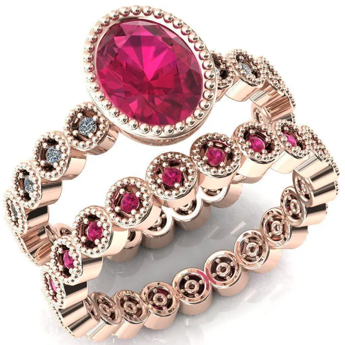 Rings Fire Brilliance Borea Oval Ruby Full Bezel Milgrain Diamond Accent Full Eternity Ring