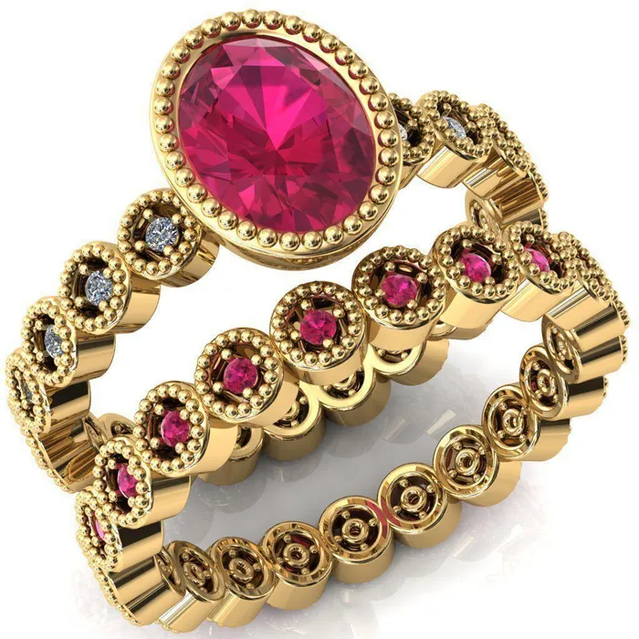 Rings Fire Brilliance Borea Oval Ruby Full Bezel Milgrain Diamond Accent Full Eternity Ring