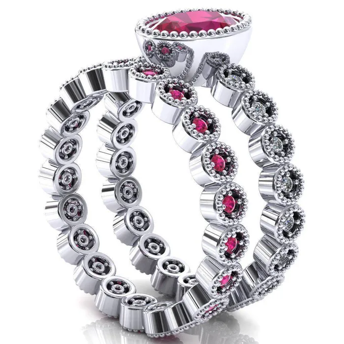 Rings Fire Brilliance Borea Oval Ruby Full Bezel Milgrain Diamond Accent Full Eternity Ring