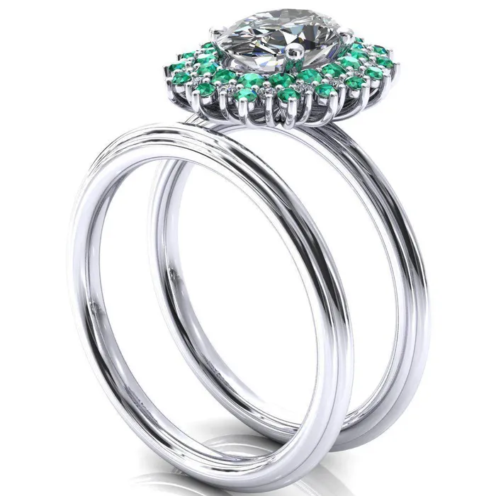 Rings Fire Brilliance Eridanus Oval Center Stone Cluster Diamond and Emerald Halo Wedding Ring ver3
