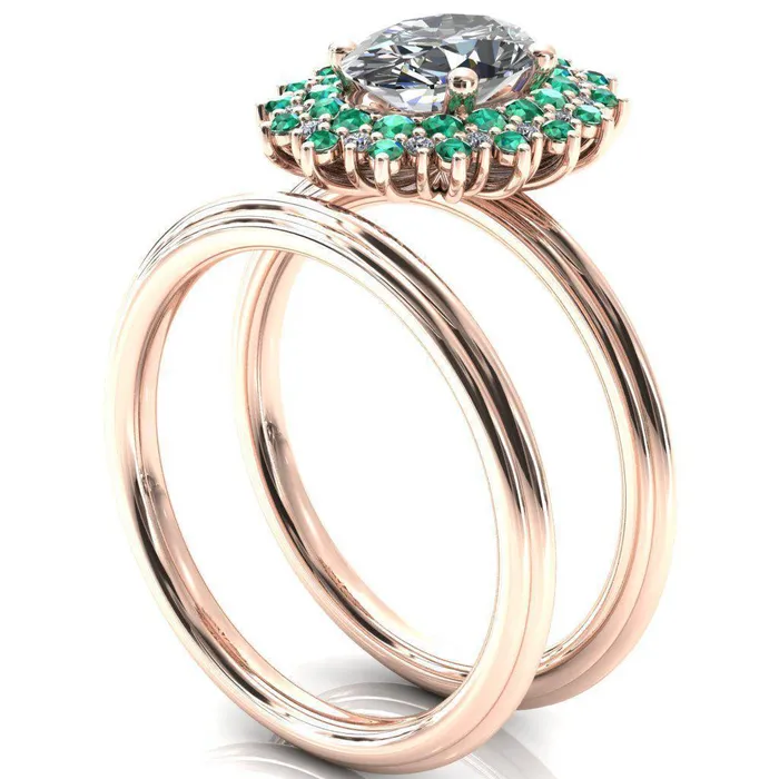Rings Fire Brilliance Eridanus Oval Center Stone Cluster Diamond and Emerald Halo Wedding Ring ver3