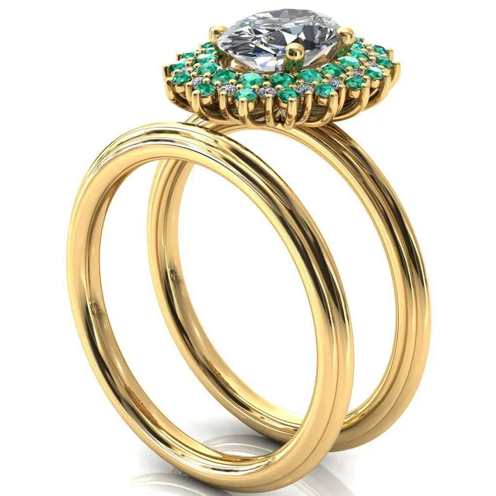 Rings Fire Brilliance Eridanus Oval Center Stone Cluster Diamond and Emerald Halo Wedding Ring ver3