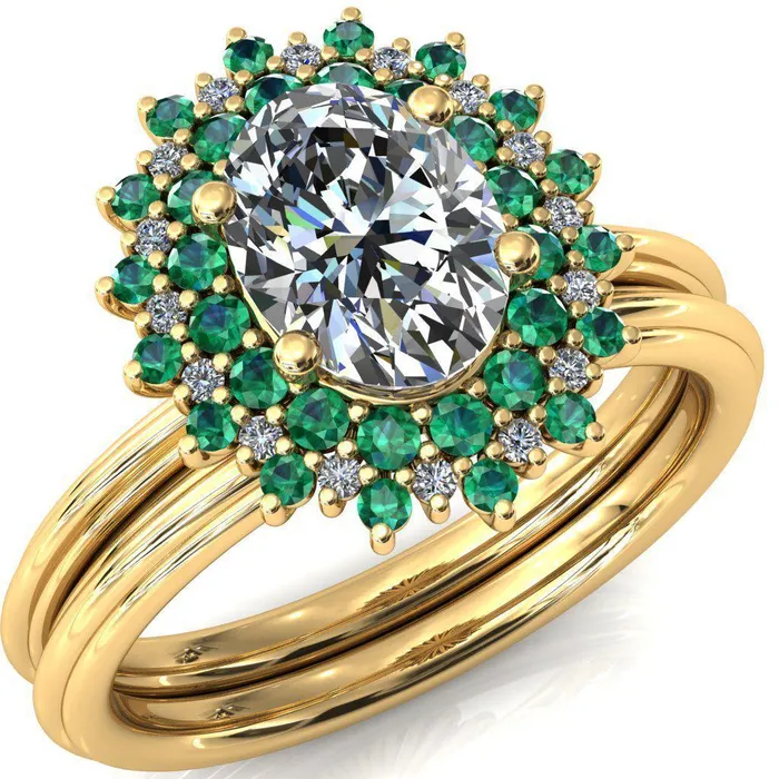 Rings Fire Brilliance Eridanus Oval Center Stone Cluster Diamond and Emerald Halo Wedding Ring ver3