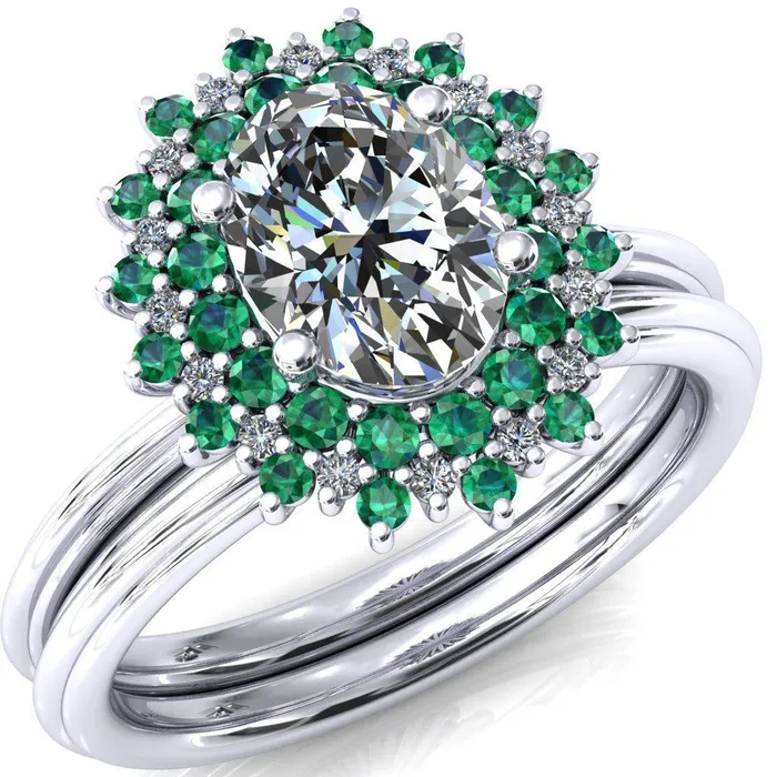 Rings Fire Brilliance Eridanus Oval Center Stone Cluster Diamond and Emerald Halo Wedding Ring ver3