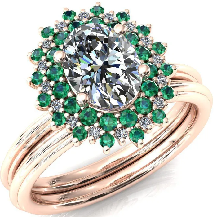 Rings Fire Brilliance Eridanus Oval Center Stone Cluster Diamond and Emerald Halo Wedding Ring ver3