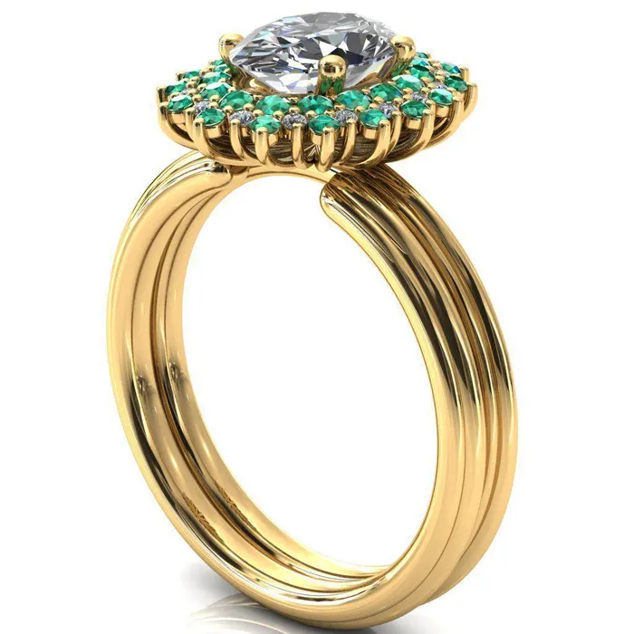 Rings Fire Brilliance Eridanus Oval Center Stone Cluster Diamond and Emerald Halo Wedding Ring ver3