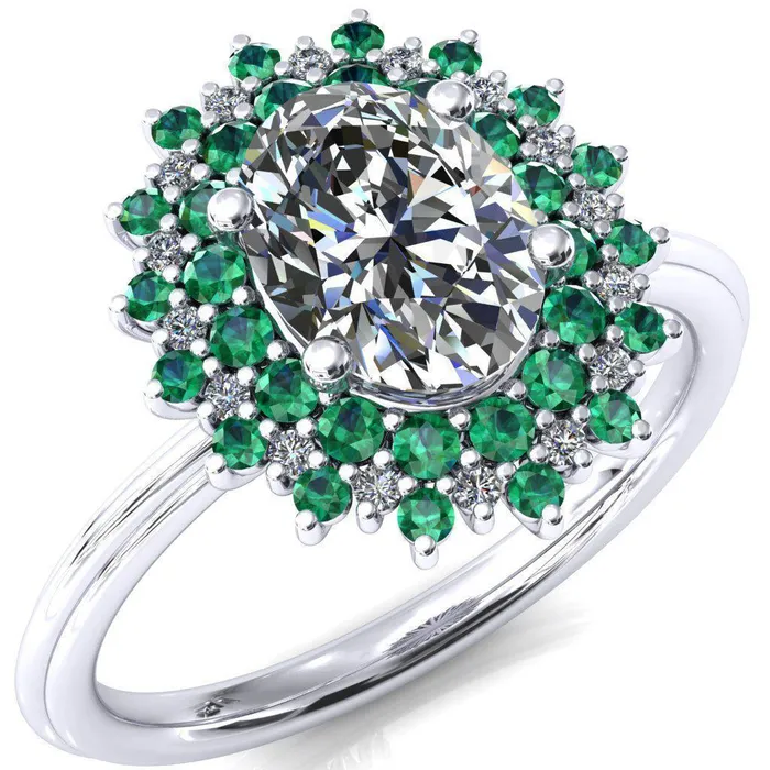 Rings Fire Brilliance Eridanus Oval Center Stone Cluster Diamond and Emerald Halo Wedding Ring ver3