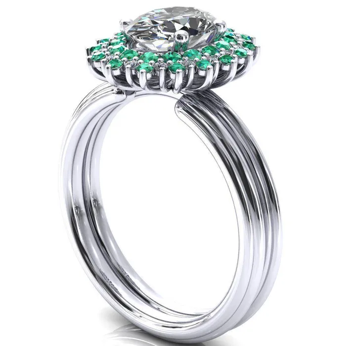 Rings Fire Brilliance Eridanus Oval Center Stone Cluster Diamond and Emerald Halo Wedding Ring ver3
