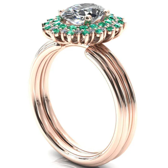 Rings Fire Brilliance Eridanus Oval Center Stone Cluster Diamond and Emerald Halo Wedding Ring ver3