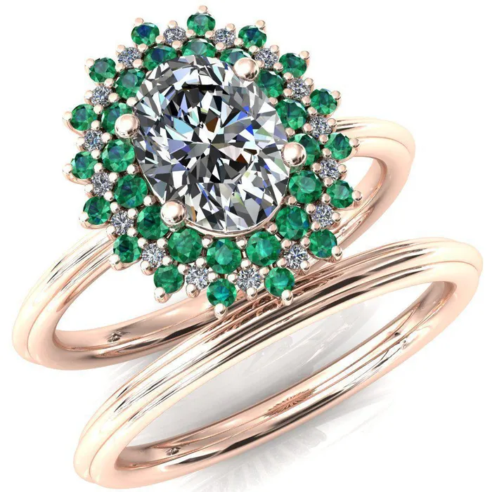 Rings Fire Brilliance Eridanus Oval Center Stone Cluster Diamond and Emerald Halo Wedding Ring ver3