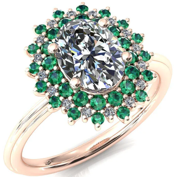 Rings Fire Brilliance Eridanus Oval Center Stone Cluster Diamond and Emerald Halo Wedding Ring ver3