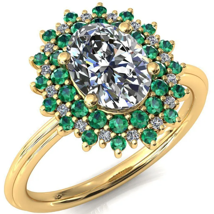 Rings Fire Brilliance Eridanus Oval Center Stone Cluster Diamond and Emerald Halo Wedding Ring ver3