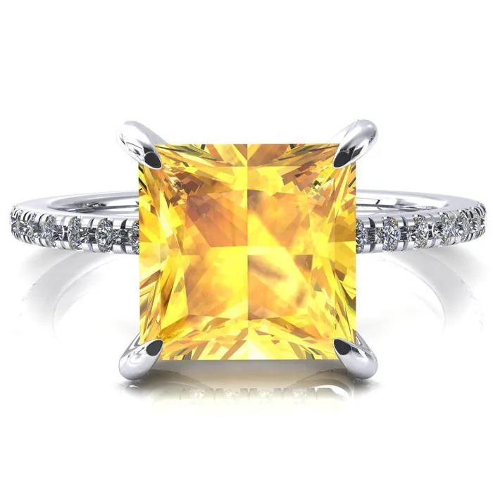 Rings Fire Brilliance Ezili Princess Yellow Sapphire 4 Claw Prong Micro Pave Diamond Sides Engagement Ring Rings Fire Brilliance Ezili Princess Yellow Sapphire 4 Claw Prong Micro Pave Diamond Sides Engagement Ring