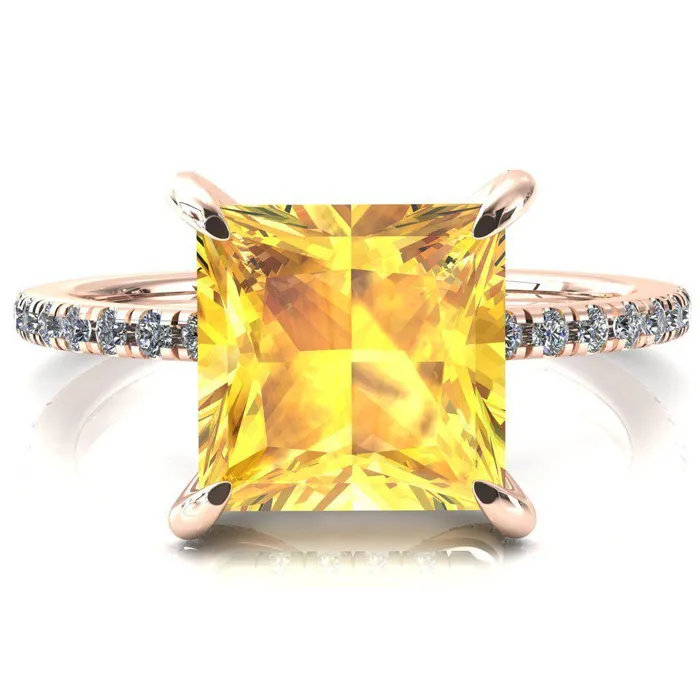 Rings Fire Brilliance Ezili Princess Yellow Sapphire 4 Claw Prong Micro Pave Diamond Sides Engagement Ring
