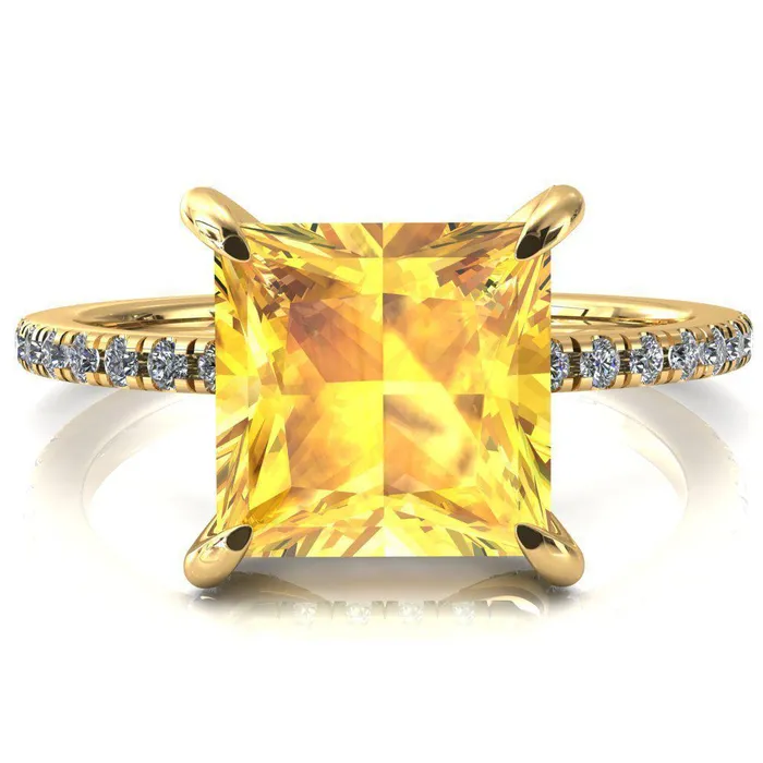 Rings Fire Brilliance Ezili Princess Yellow Sapphire 4 Claw Prong Micro Pave Diamond Sides Engagement Ring