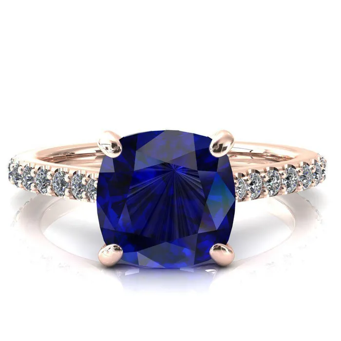 Rings Fire Brilliance Kelsy Cushion Blue Sapphire 4 Prong 34 Shared Scalloped Inverted Cathedral Ring