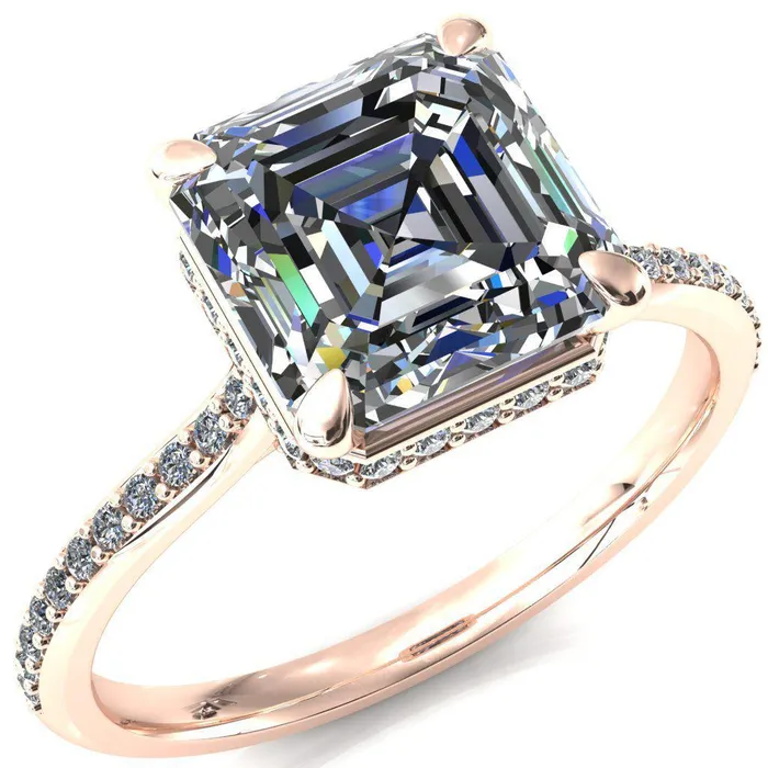 Rings Fire Brilliance Kiki Asscher Moissanite 4 Prongs Claw Floating Halo 12 Pinpoint Inverted Cathedral Ring
