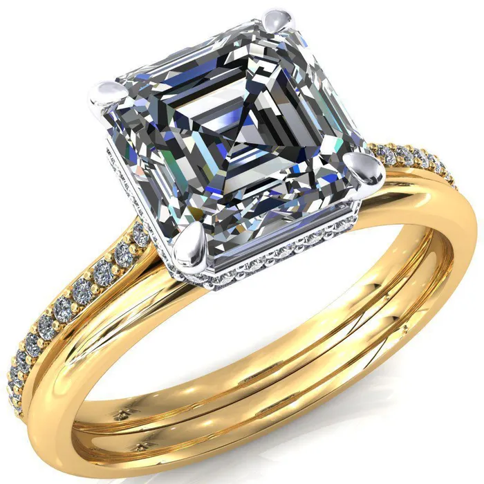 Rings Fire Brilliance Kiki Asscher Moissanite 4 Prongs Claw Floating Halo 12 Pinpoint Inverted Cathedral Ring
