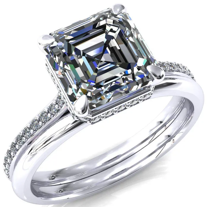 Rings Fire Brilliance Kiki Asscher Moissanite 4 Prongs Claw Floating Halo 12 Pinpoint Inverted Cathedral Ring
