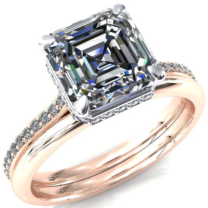 Rings Fire Brilliance Kiki Asscher Moissanite 4 Prongs Claw Floating Halo 12 Pinpoint Inverted Cathedral Ring