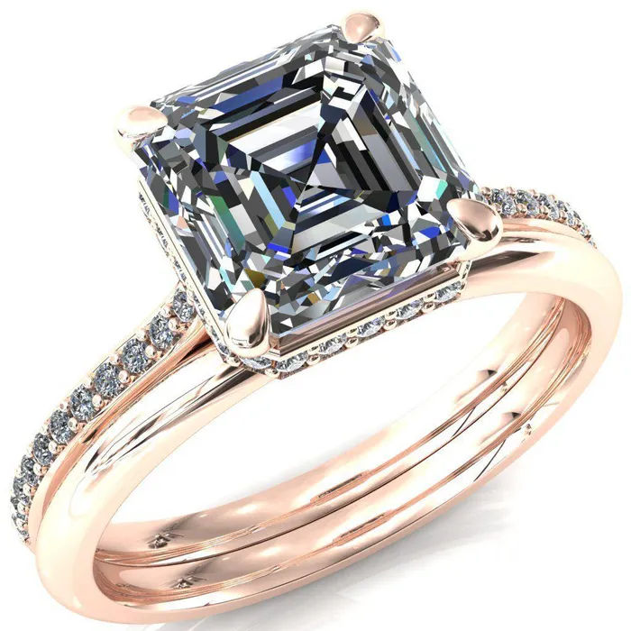 Rings Fire Brilliance Kiki Asscher Moissanite 4 Prongs Claw Floating Halo 12 Pinpoint Inverted Cathedral Ring